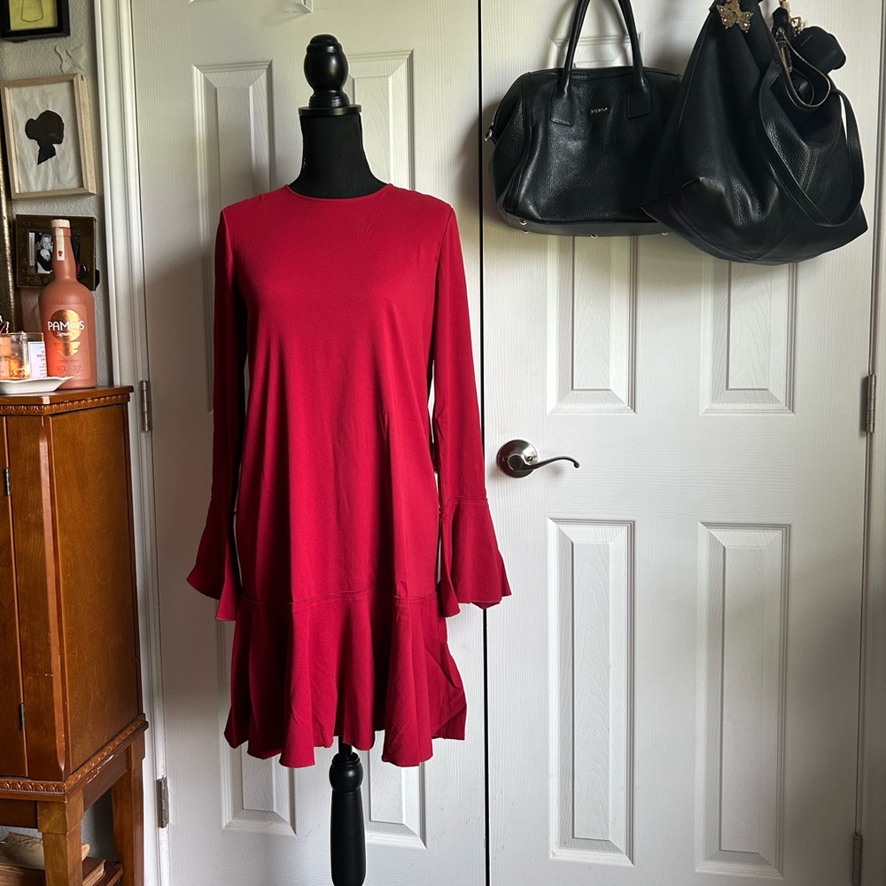 Theory red long sleeve flounce pleated mini dress